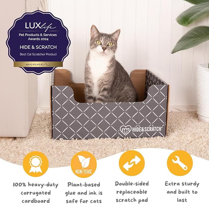 Hide & Scratch Cardboard Cat Scratcher Box & Bed - Dark Grey Diamond | Double-Sided Corrugated Pad for Indoor Cats | Refillable Scratching Board Toy for Play & Furniture Protection