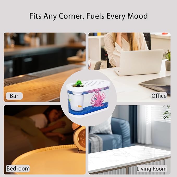 2.2 Gallon Fish Tank Kits,Small Aquarium Starter Kit,Nano Desktop Tank with Quiet Filter, Lid,Color-Changing Light&Decor for Betta Shrimp Guppy Jellyfish Goldfish Beta(12.6 * 7 * 5.6 Inch)