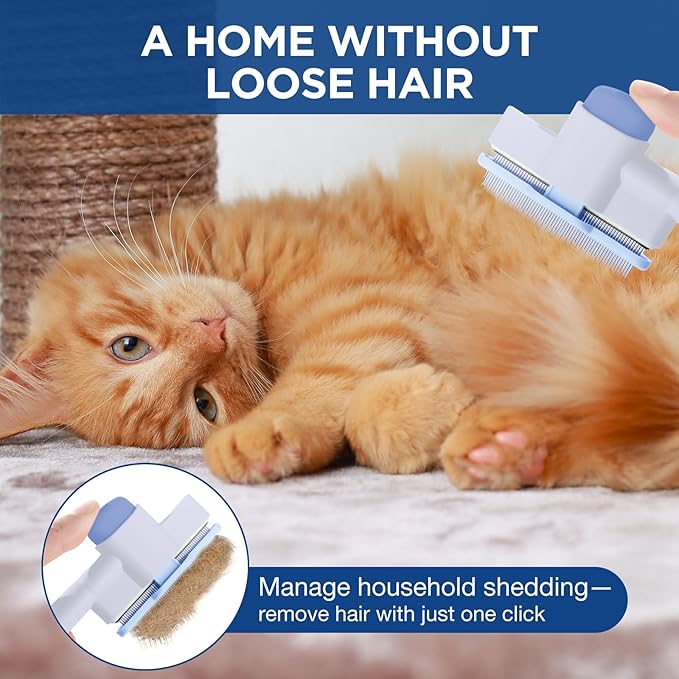 Cat Comb Dog Comb– Pet Hair Removal Tool for Fleas, Lice (Suitable for Cats & Dogs). Cat Brush with Release Button, Self-Cleaning Design, and Long & Short Stainless Steel Teeth for Shedding