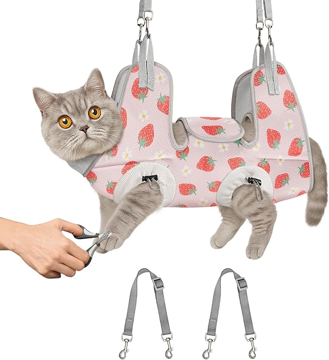 Supet Cat Grooming Hammock Harness for Nail Trimming, Cat Grooming Hanging Sling for Nail Clipping, Pet Restraint Holder for Cutting Nails, Medicine, Ear & Teeth Cleaning, Eye Care (Strawberry S)