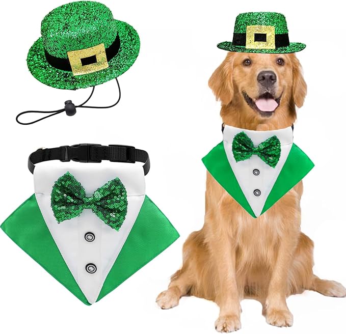 2 PCS St. Patrick's Day Costume Dog Bandana Collar and Pet Top Hat Buckle Green Dog Bow Tie Formal Tux Clothes with D-Ring Irish Tuxedo Saint Patrick Outfits for Dogs Puppy Cat Party Dress (Large)