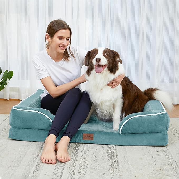 Comfort Expression Orthopedic Dog Bed for Large Dogs 38x25 Inch, Waterproof Supportive Egg Crate Foam Large Pet Bed with Removable Bolster, Dog Couch with Washable Cover & Non-Slip Bottom, Washed Blue