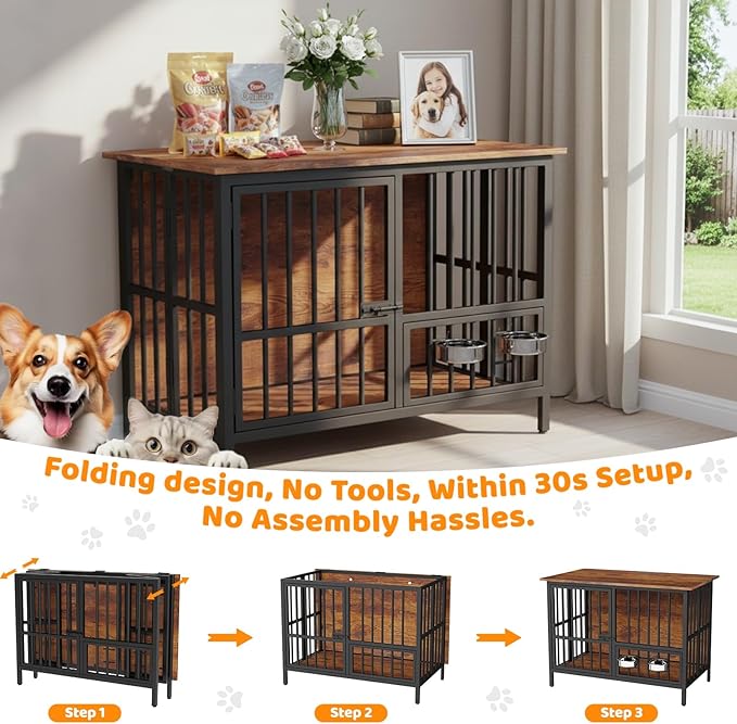 41.5" Dog Crate Furniture, Assembly-Free Dog Crates for Large and Medium Dogs, Foldable Dog Kennel Indoor with Adjustable Dog Bowls, Wooden Dog Cage Use as End Table, Pet House for Decorative Indoor
