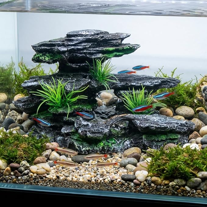 Aquarium Decor Mountain View Stone Ornament, Premium Landscape Fish Tank Decorations, Fish Tank Accessories, Ideal for Betta, Snails, Turtle, Hiding, Playing, Basking and Resting Spots