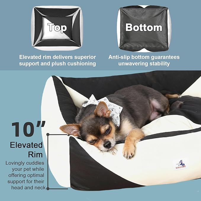 Washable Rectangle Dog Bed with Removable Cover, Color-Block Gingham Cotton Pet Sofa, Breathable Scratch Resistant Dog Bed, Medium