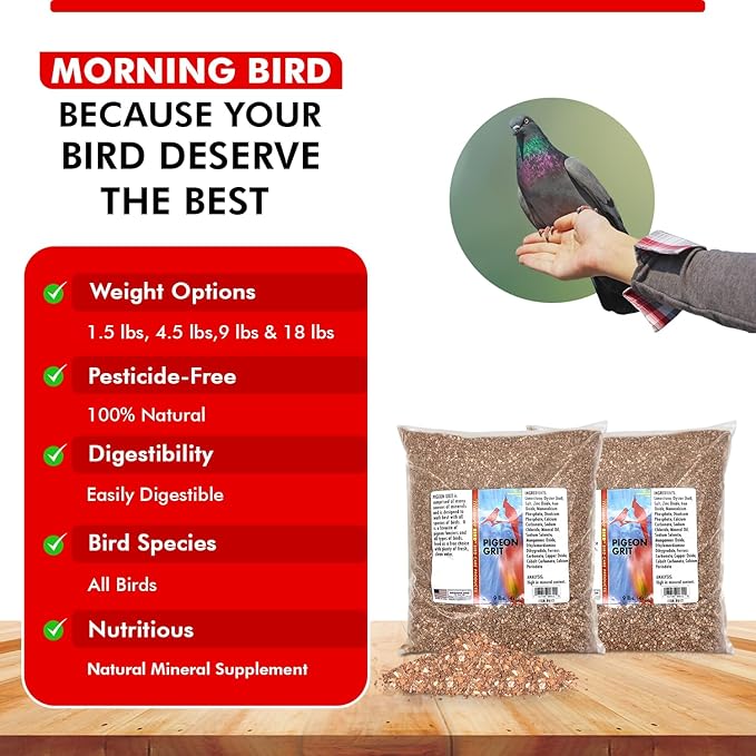 Morning Bird Pigeon Grit - Healthy & Nutritious Pigeon Food to Support Strong Muscles & Bones for Grit Eating Birds - Supports Digestion & Packed with Essential Minerals 18 lbs (2-Pack, 9 lbs Each)