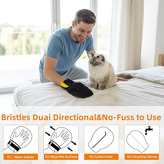 Pet Hair Removal Glove for Cats & Dogs, Patented Adjustable Strap, Reusable Five-Finger Grooming Glove with Secure Non-Slip Fit for Couch, Carpet, Clothing & Car Seat, 2 Pcs