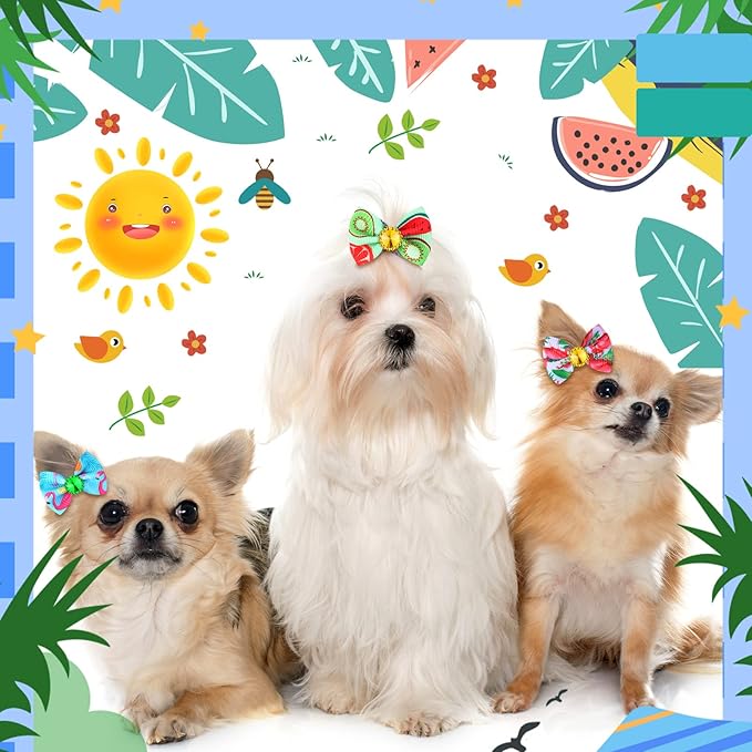 Sadnyy 240 Pcs Summer Spring Dog Hair Bows with Rubber Bands Rhinestone Grooming Dog Puppy Bows for Girls Boys Dogs Cute Ear Bows Dog Hair Accessories for Summer Holiday Pets Cats Dogs