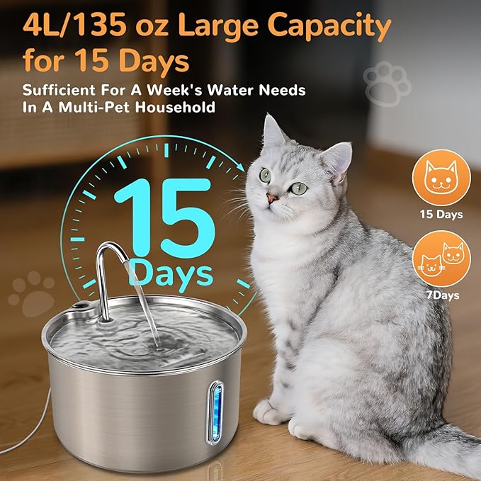 Cat Water Fountain Stainless Steel, 135oz/4L with Adjustable Pump & 3 Flow Modes, Ultra-Quiet Automatic Cat Dog Water Dispenser, Large Capacity Water Fountain for Cats, Dogs, Multiple Pets