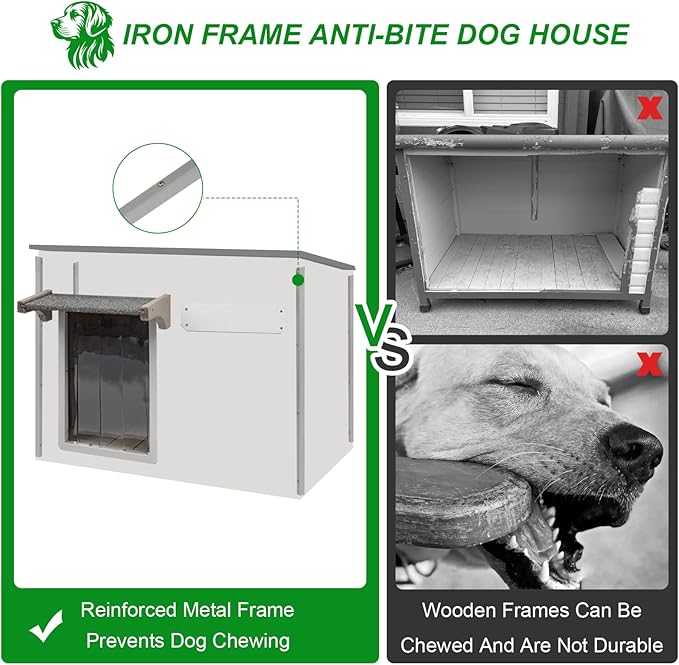 Dog House Outdoor Weatherproof & Wooden Dog Kennel with Chew-Proof Iron Frame，Removable Floor, Adjustable Vent Window, Easy Assembly for Medium Dogs (43.3" L x 29.5" W x 33.5" H)