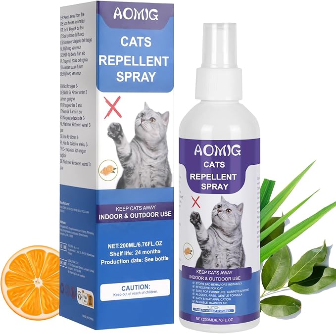 AOMIG Cat Deterrent Spray, Natural Cat Repellent Spray, Non-Toxic Anti-Scratch Deterrent for Furniture Protection Sofas Rugs Plants, Indoor & Outdoor Safe Effective Training Aid for Cats, 200ml