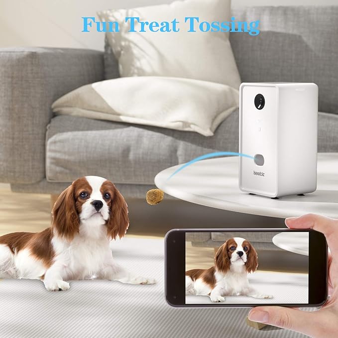 Iseebiz Pet Camera Treat Dispenser, 2.4G & 5G WiFi Dog Camera with 2 Way Audio Talk Listen, 1080P Night Vision Cat Dog Cam, App Control Tossing, Multi Devices Login, Compatible with Alexa, Upgraded