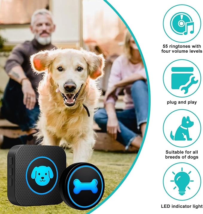 Dog Doorbell to Go Outside, Smart Wireless Doggie Doorbell for Potty Training,1000 Feet Long Range with IP65 Waterproof Super-Light Touch Button, 60 Melodies & Adjustable Volume (1 Button)