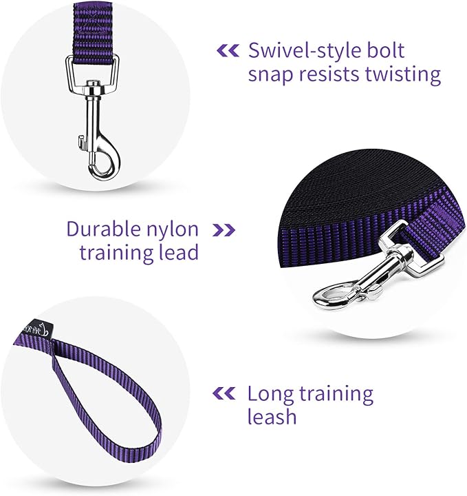 Hi Kiss Dog/Puppy Obedience Recall Training Agility Lead - 15ft 20ft 30ft 50ft 100ft Training Leash - Great for Training, Play, Camping, or Backyard(50ft,Black_Purple)