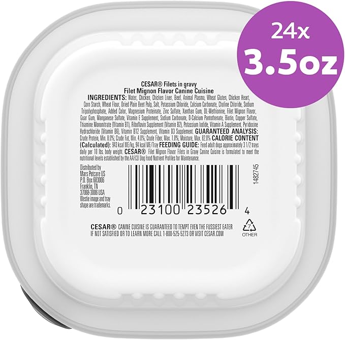 Cesar Filets in Gravy Adult Wet Dog Food Filet Mignon Flavor, 3.5 oz. Easy Peel Dog Food Tray, 24 Count (Pack of 1)