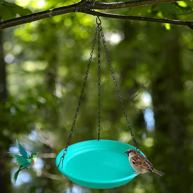 Hanging Bird Feeder and Waterer Tray Water Feeding Bowl Garden Decor with Chains Sturdy Birds Water Station for Backyard Yard, Green