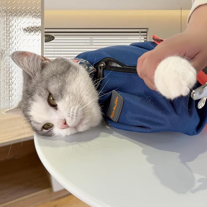 Cinf Cat Nail Clipping Cleaning Grooming Restraint Bag No Scratching Biting for Bathing Nail Trimming Injecting Examining(Navy Blue,M)