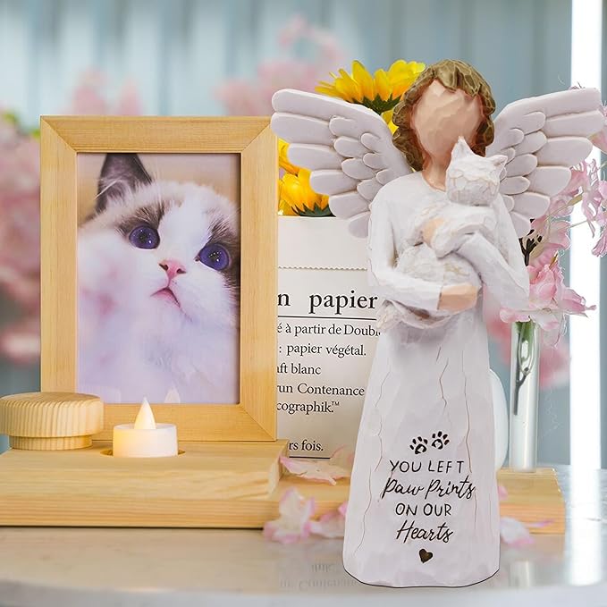 BORLESTA Cat Memorial Gifts for Loss of Cat, Pet Cat Remembrance Gifts, Loss of Cat Sympathy Gifts for Cat Mom, Passed Away Cat Gifts, Hand-Painted Figurines Angel Cat (White)
