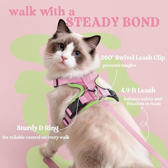 rabbitgoo Cat Harness and Leash for Walking, Escape Proof Soft Adjustable Vest Harnesses for Cats, Easy Control Breathable Reflective Strips Jacket, Pink&Light Green, M