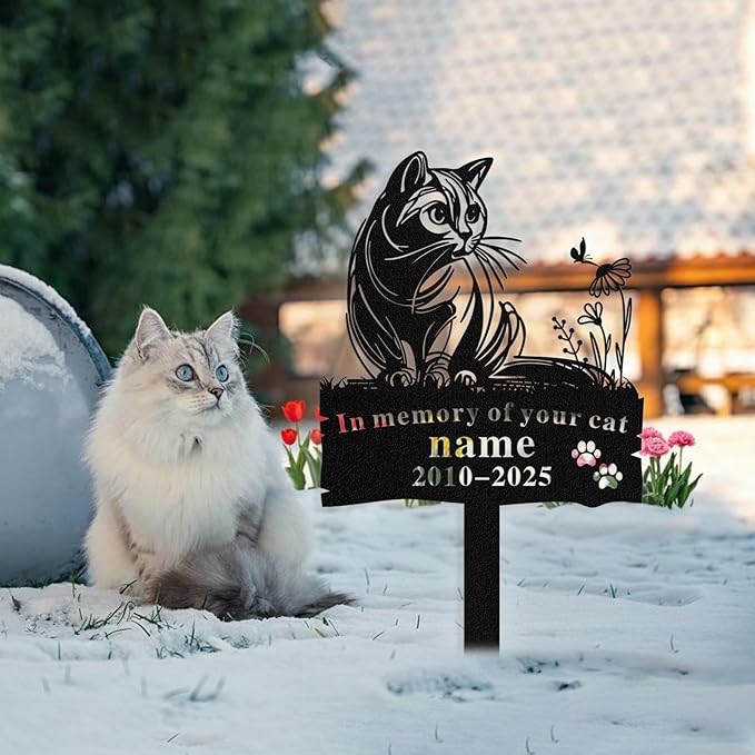 Custom Cat Grave Marker Outdoor, Personalized Metal Cat Memorial Grave Stake with Name and Date, Outdoor Waterrproof Cats Memorial Plaque