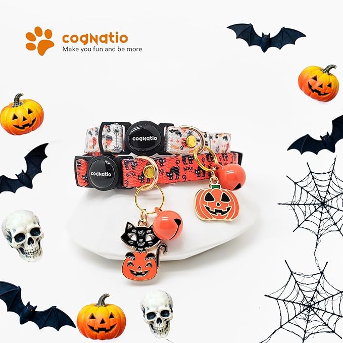 2 Pack Breakaway cat Collars with Bell,Safety Quick Release Pendant Cute Kitten Collar,Adjustable 20-30cm (Halloween2, 20-30cm)