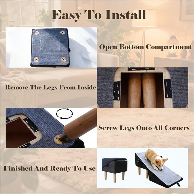 Split Ottoman Dog Ramp for Couch and Low Bed, 2-in-1 Foldable Dog Stairs for Small Dogs and Cats, Wooden Pet Ramp with Non-Slip Surface, Portable Step Stool Design, Black
