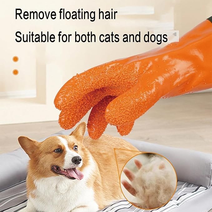 YOFANG Pet Grooming Gloves for Washing Dogs & Cats, 27.6" Extra Long Waterproof Rubber Bath Gloves, Anti-Bite Anti-Scratch Hair Removal Cat Bath Glove with Soft 3500+ Particles, Orange
