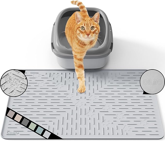 OHMO Cat Litter Mat Trapping Mat Premium Silicone Rubber 23.5x16 Ash Grey, Waterproof and BPA Free Kitty Litter Box Mat, Easy to Clean and Keeps the Floor Tidy