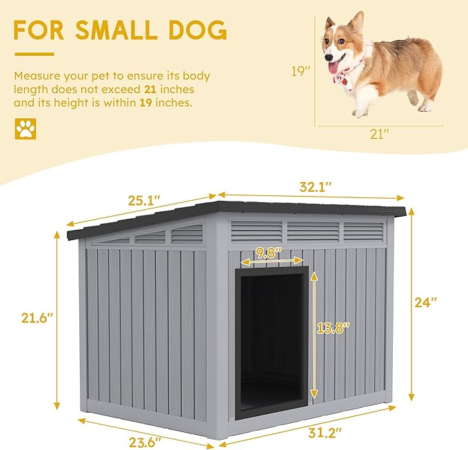 Fancyango Dog House for Indoor & Outdoor Use - Weatherproof Roof & Removable Floor, Fits Small to Medium Dogs (32.1" L x 25.1" W x 24" H) - Grey