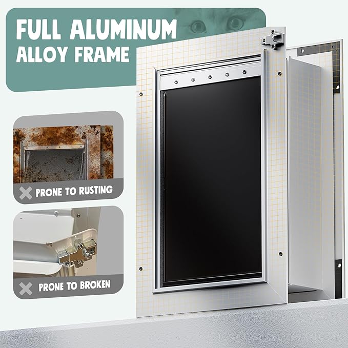3-Flap Insulated Aluminum Dog Door for Walls, Heavy-Duty Telescoping Pet Door with Dual Security Locks & Magnetic Flaps, Closing Panel, Large, Pets Up to 110 LB