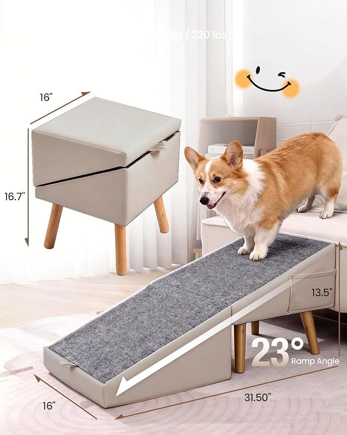 Dog Ramp for Couch & Bed, 2-in-1 Dog Stairs for Small and Medium Dogs & Cats, 16'' Indoor Pet Ramp with 23°Gentle Slope, Non-Slip Felt, Joint Protection for Senior & Injured Pets, Sturdy Ottoman-Style