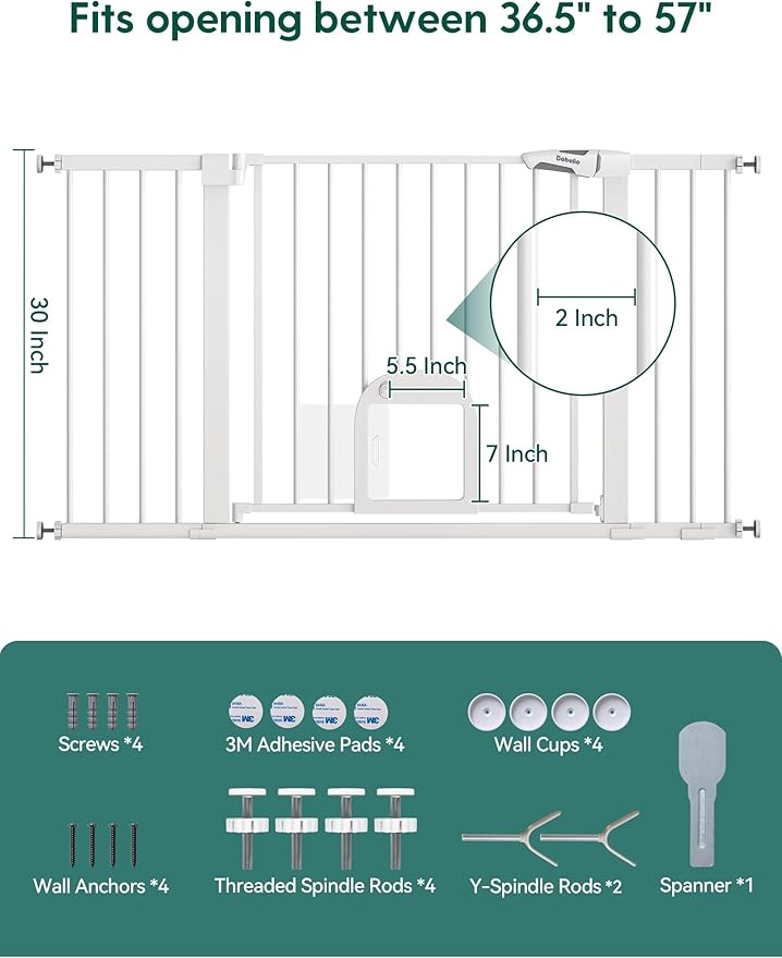 Babelio 36.5-57" Extra Wide Baby Gate with Cat Door, CatPrivilege Ⅲ, Auto Close & Two Way Swing, Pressure Mounted Dog Gates for Stairs, Doorways, Includes 4 Wall Cups and 3 Extension Pieces,White