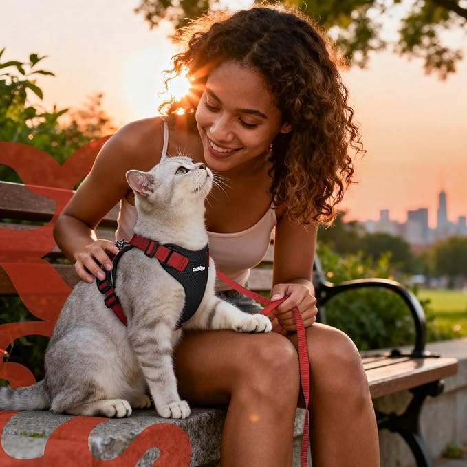 rabbitgoo Cat Harness and Leash for Walking, Escape Proof Soft Adjustable Vest Harnesses for Cats, Easy Control Breathable Reflective Strips Jacket, Black & Red, M