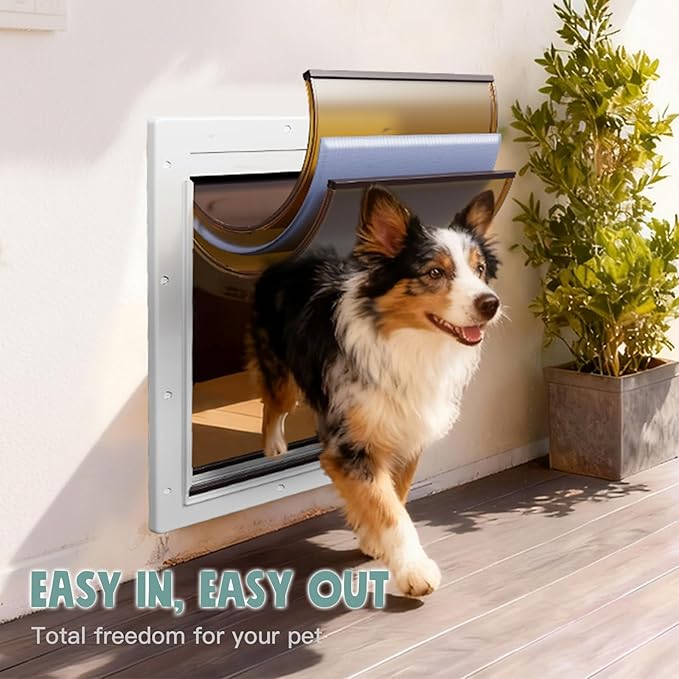 Dog Door 3 Flap, Plastic Dog Door for Wall, Large Doggy Door, Dogie Door for Interior & Exterior Walls, Magnetic Flaps, Insulation Flap, Closing Panel, Pet Door for Pets Up to 45lbs(Medium)