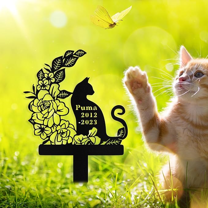 Custom Cat Grave Marker Outdoor, Personalized Metal Cat Memorial Grave Stake with Name and Date, Outdoor Waterrproof Cats Memorial Plaque