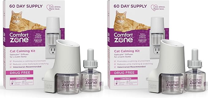 Comfort Zone 60 Day Starter Kit: 1 Cat Calming Diffuser & 2 Refills; Cat Pheromones Help Anxiety; Reduce Stress,Urine Marking,Scratching,(Pack of 2)