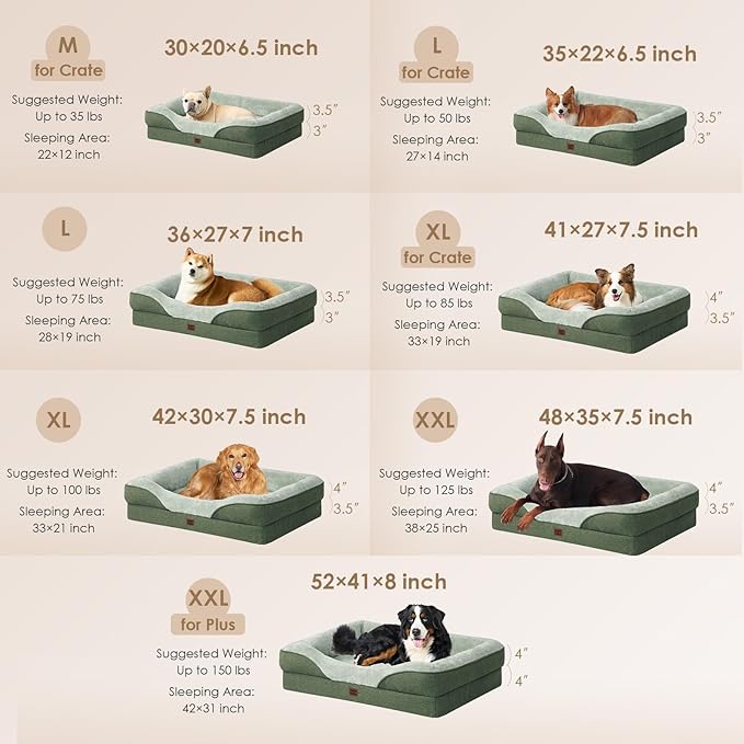 EHEYCIGA Orthopedic Dog Bed for Medium Dog, 30x20x6.5 Inch Memory Foam Dog Couch Bed with Sides, Waterproof Liner & Washable Removable Cover, Bolster Pet Sofa, Green