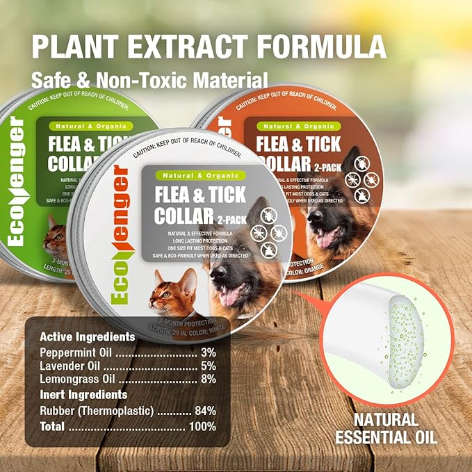 EcoVenger Flea Collars for Dogs & Cats - Flea & Tick Repellent 2-Pack White. Built-in Pant-Based Formula Strong Repellency Slow Release, Lasting Protection, Pleasant Aroma, Waterproof