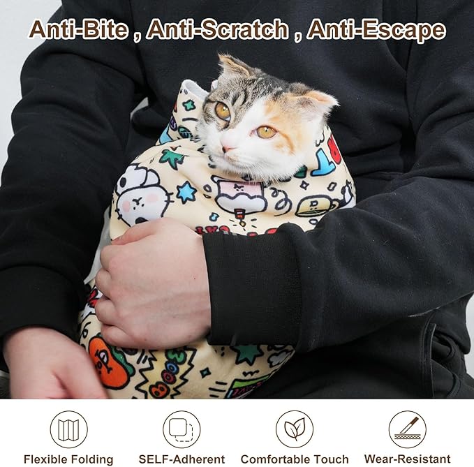27.6" Large Cat Grooming Wrap – Anti-Escape Cat Wrap for Cutting Nails, Brushing & Medication – Soft, Comfortable, Reusable, Self-Adhering, Holds Cats Up to 15lbs (Elephant Cat)