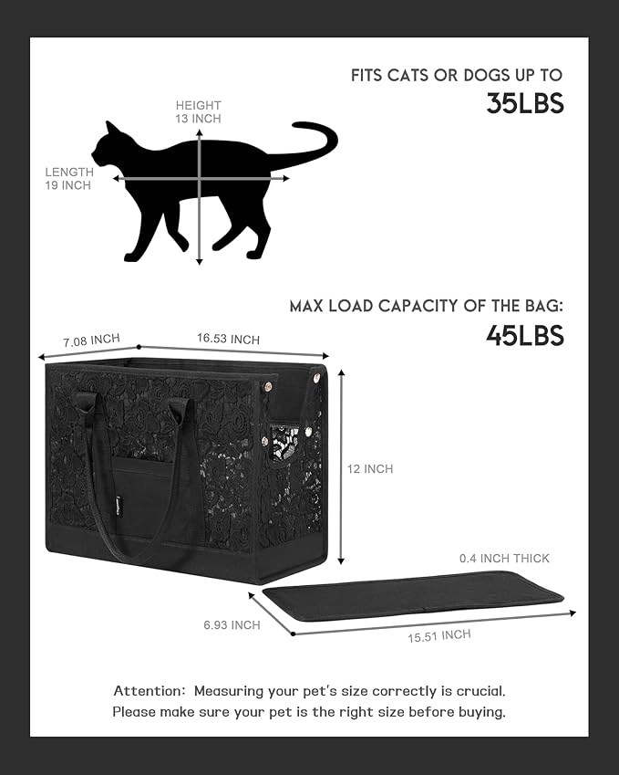 Black Dog Carrier Purse Lace Pet Dog Cat Carrier Tote Bags Fits Small Medium Dogs Puppy for Travel Hiking Walking with Lace Anti-Grab Net & PP Pad