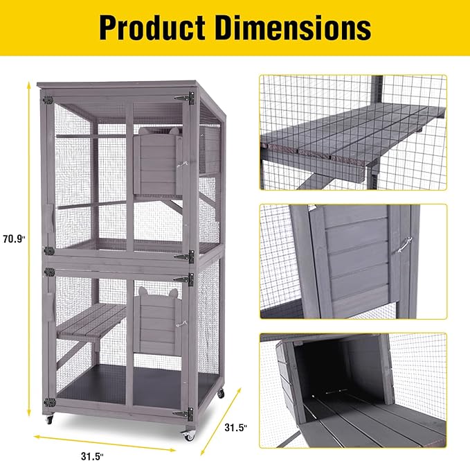 Aivituvin Catio Outdoor Cat Enclosure Wooden Cat Cage with Window Access Large Kitty House on Wheels Indoor Patio (Large)