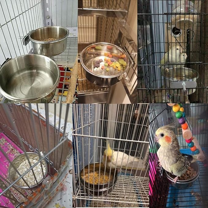 PINVNBY Bird Feeding Dish Cups,5.5x2.0 Inches Parrot Stainless Steel Food Water Dish Perch Stand Platform Paw Grinding Toy Feeder Cage Bowl with Clamp Holder for Budgies Parakeet Macaw(5 Pack L)