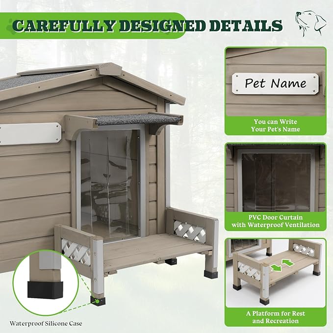 Dog House Outdoor Weatherproof & Wooden Indoor Dog Kennel with Chew-Proof Iron Frame，Removable Floor, Recreational Steps and Adjustable Window, Easy Assembly(Gray,34" L × 28" W × 28" H)