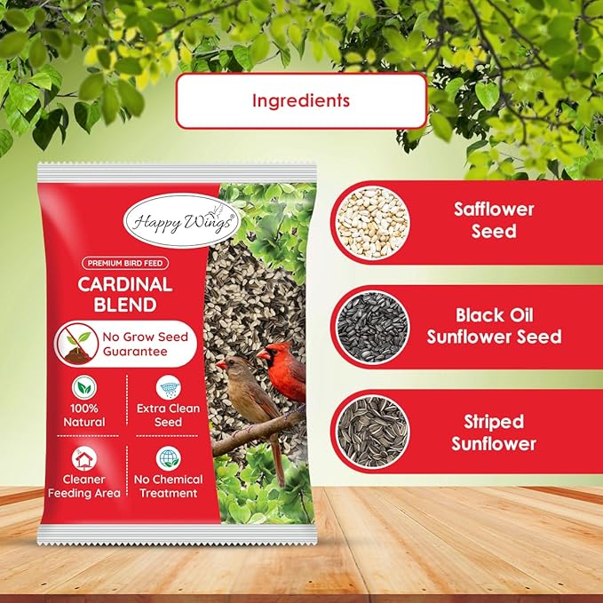 Happy Wings Cardinal Blend Bird Food, Mix of Sunflower and Safflower Seed, 5 Pounds | No Grow Seed | Bird Food for Wild Birds
