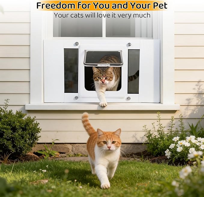 Cat Door for Window, Adjustable Width Fits 23"-28", Quick-Fit Cat Door Window Insert, Aluminum Frame with Tight Seal & Magnetic Closure, 4 Locking Modes for Pet Access Control