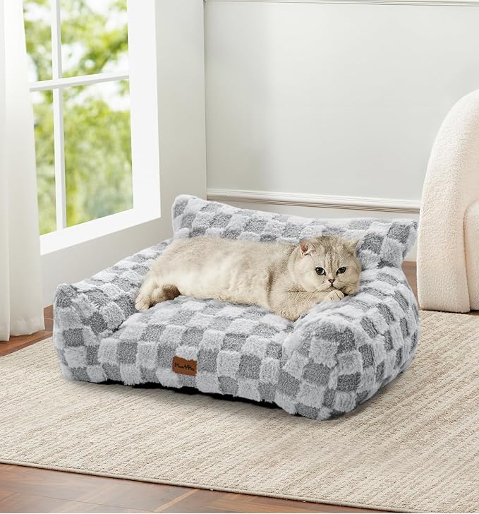 Made4Pets Cat Beds for Indoor Cats, Cat Couch Bed, Soft Faux Fur Checkered Pet Sofa, Calming Fluffy Kitten Sofa with Supportive Foam, Removable Washable Cover with Non-Slip Base, Grey, Small