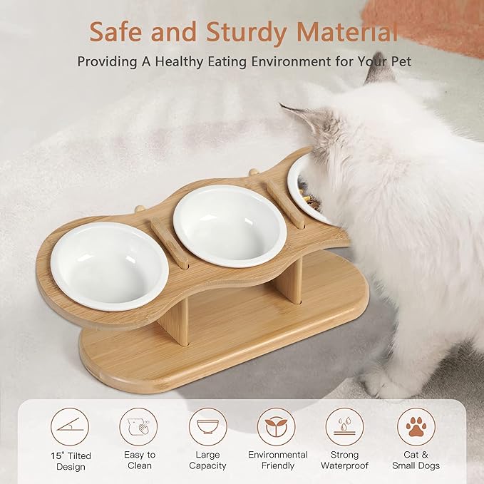 Elevated Cat Bowls, 2 Heights Adjustable Raised Dog Bowl Stand, 3 Ceramic Bowls for Cats and Small Dogs, 15° Tilted