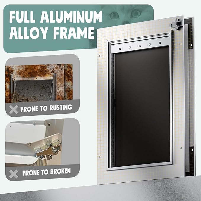 Cat Door Interior Door All Aluminum White 3 Flaps, for Exterior Door Small Cat Dog Doggy Doggie Door, Heavy Duty Pet Door, Insulation Flap, Lockable Closing Panel Telescoping Tunnel, Pets Up to 22lbs