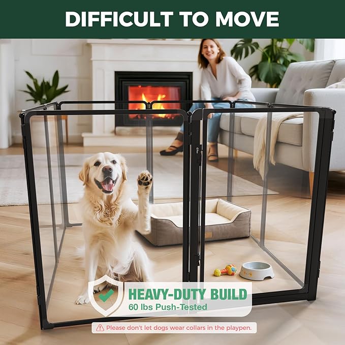 FXW AuraSpace Pro Metal & Acrylic Indoor Dog Playpen, All-Acrylic Clear Heavy-Duty Design, 40" Height 8 Panels for Medium and Large Dogs, Black│Patented