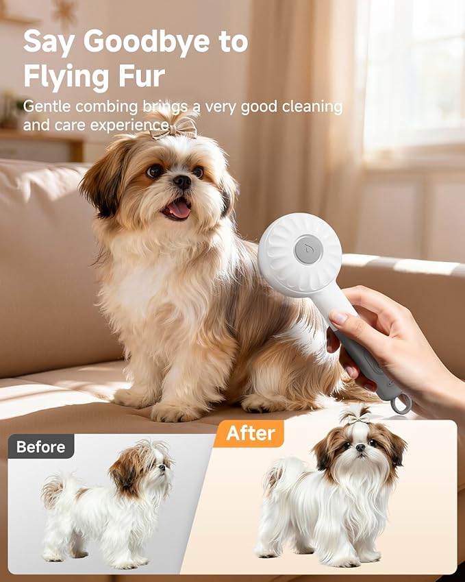 Pet Spray Brush for Cats & Dogs, 3-in-1 Grooming Tool with Steam Mist, 2-Speed Spray Settings, Removes Dander & Deshedding, One-Touch Self-Cleaning Hair Brush, for Long Short Hair Pets